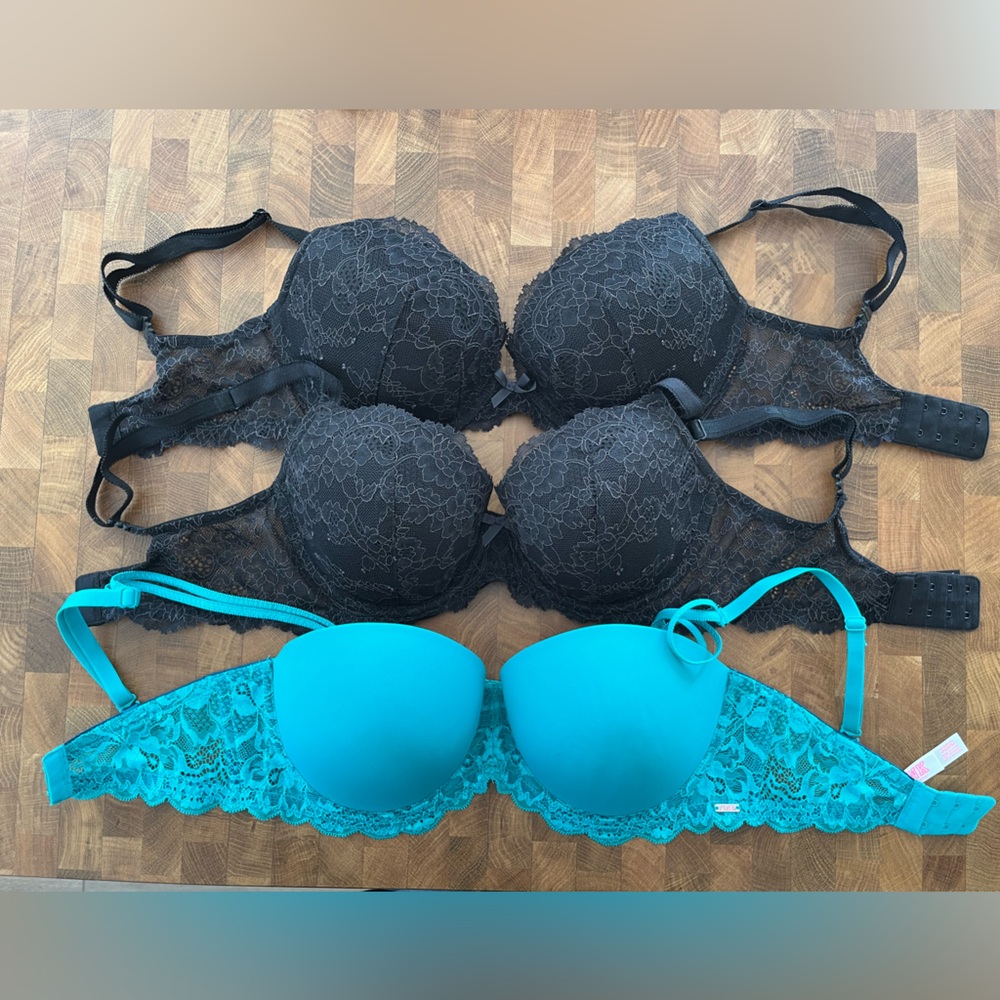 Bundle of 3 - Victoria's Secret Black Lace Bras & Teal Lace-Trim Bra by Pink